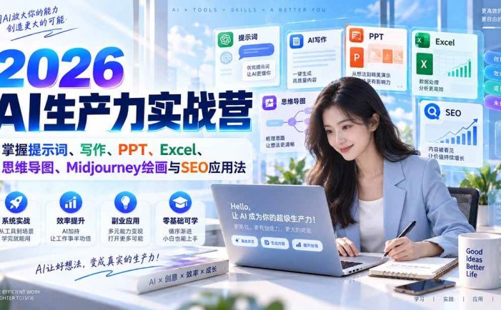 2026AI生产力实战营：掌握提示词、写作、PPT、Excel、思维导图、Midjourney绘画与SEO应用法