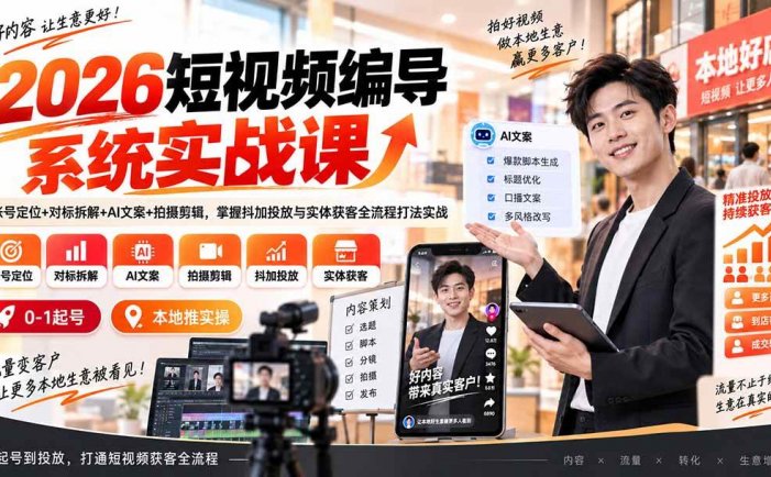 2026短视频编导系统实战课：账号定位+对标拆解+AI文案+拍摄剪辑，掌握抖加投放与实体获客全流程打法实战
