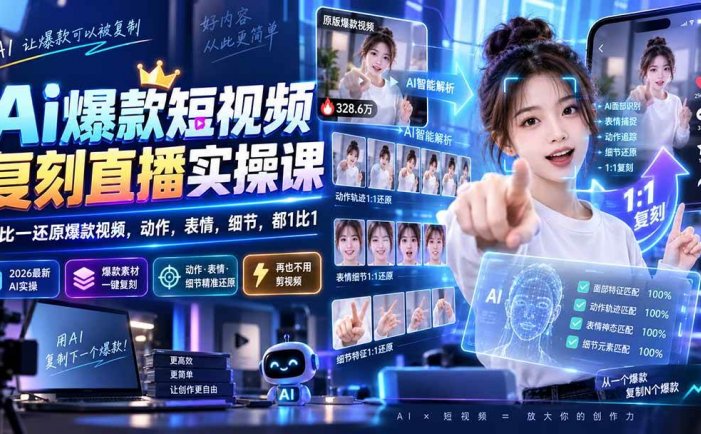 最新Ai爆款短视频复刻直播实操课，一比一还原爆款视频，动作，表情，细节，都1比1