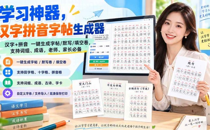 学习神器，汉字拼音字帖生成器，汉字+拼音 一键生成字帖/默写/填空卷，支持词组、成语，老师、家长必备