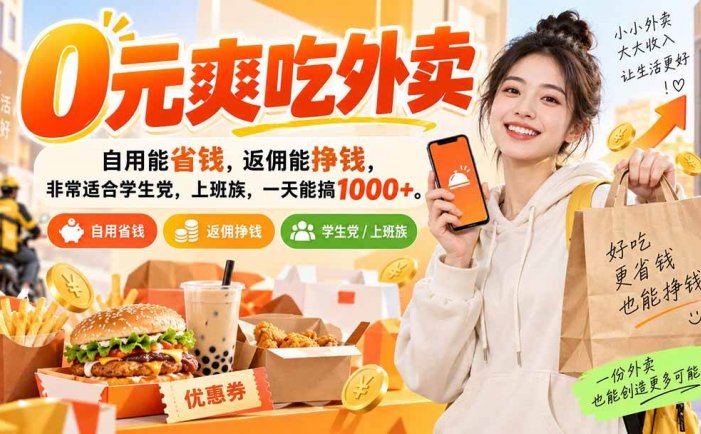 0元爽吃外卖，自用能省钱，返佣能挣钱，非常适合学生党，上班族，一天能搞1000+