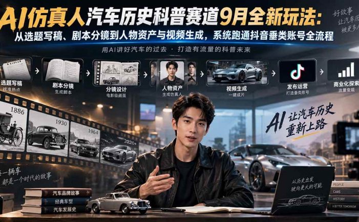 AI仿真人汽车历史科普赛道9月全新玩法：从选题写稿、剧本分镜到人物资产与视频生成，系统跑通抖音垂类账号全流程