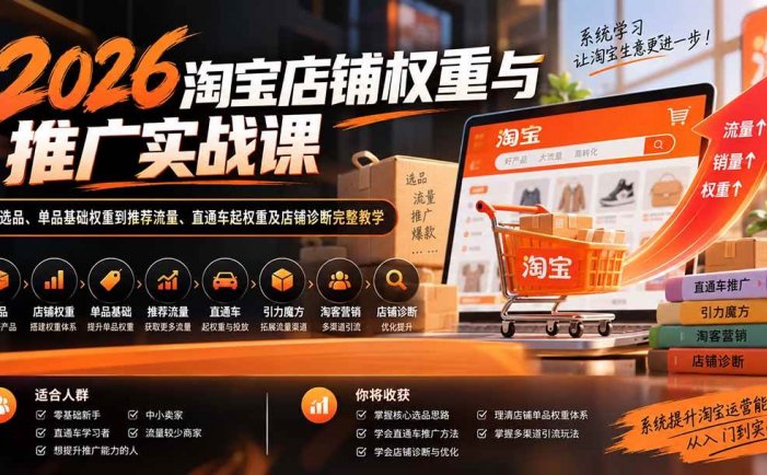 2026淘宝店铺权重与推广实战课：从选品、单品基础权重到推荐流量、直通车起权重及店铺诊断完整教学