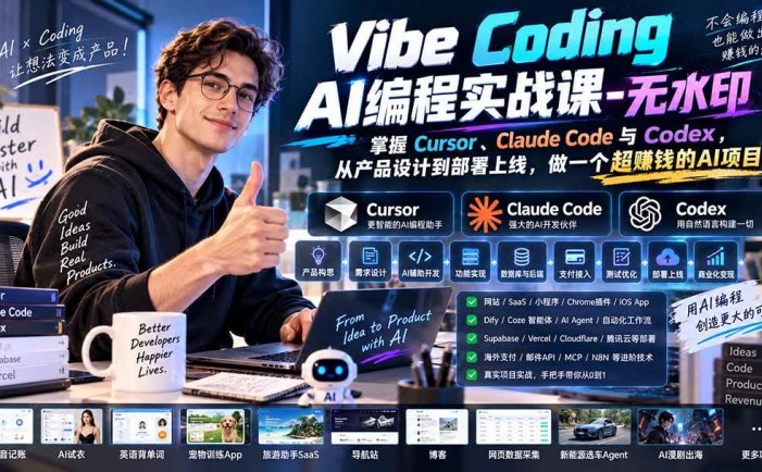 Vibe Coding AI编程实战课-无水印：掌握Cursor、Claude Code与Codex，从产品设计到部署上线，做一个超赚钱的AI项目