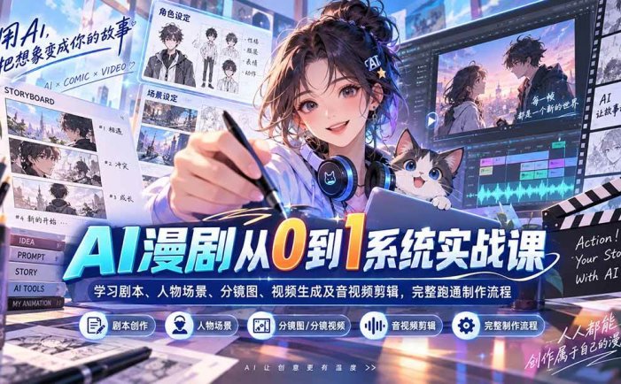 AI漫剧从0到1系统实战课：学习剧本、人物场景、分镜图、视频生成及音视频剪辑，完整跑通制作流程