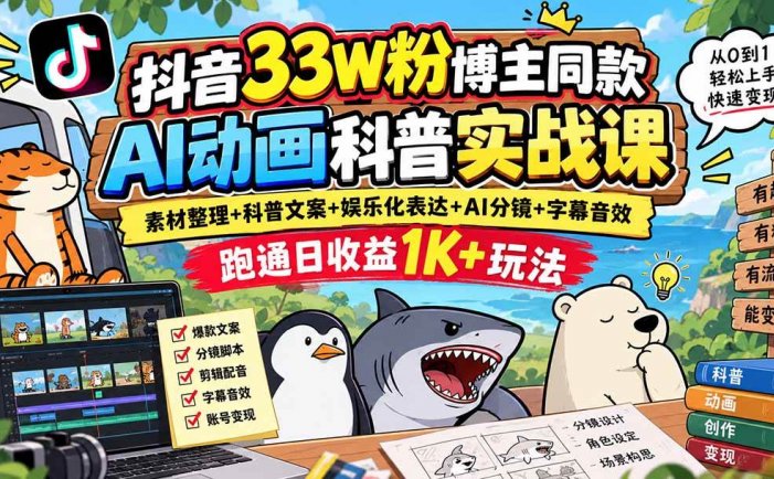 抖音33W粉博主同款AI动画科普实战课｜素材整理+科普文案+娱乐化表达+AI分镜+字幕音效，跑通日收益1K+玩法