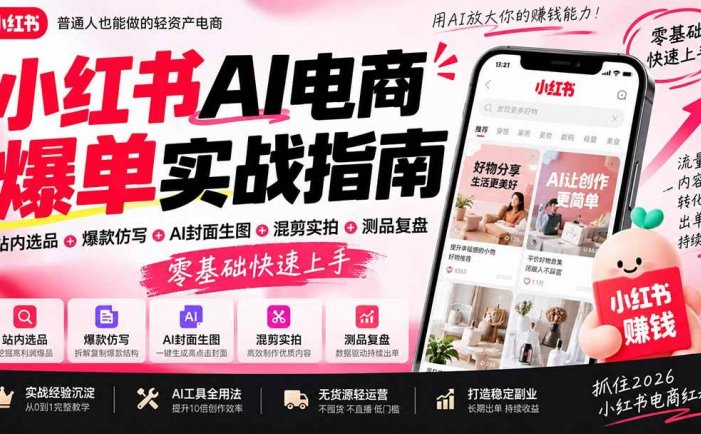 2026小红书AI电商爆单实战指南：站内选品+爆款仿写+AI封面生图+混剪实拍+测品复盘，零基础快速上手