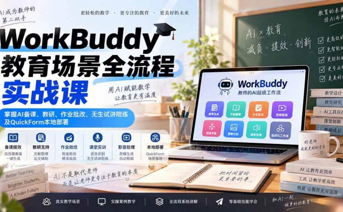 WorkBuddy教育场景全流程实战课：掌握AI备课、教研、作业批改、无生试讲陪练及QuickForm本地部署