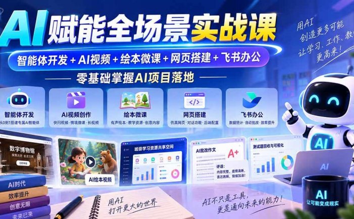 AI赋能全场景实战课｜智能体开发+AI视频+绘本微课+网页搭建+飞书办公，零基础掌握AI项目落地