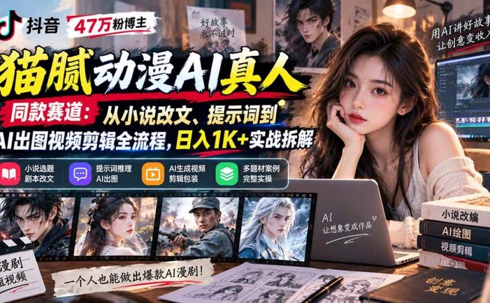抖音47万粉博主猫腻动漫AI真人同款赛道：从小说改文、提示词到AI出图视频剪辑全流程，日入1K+实战拆解
