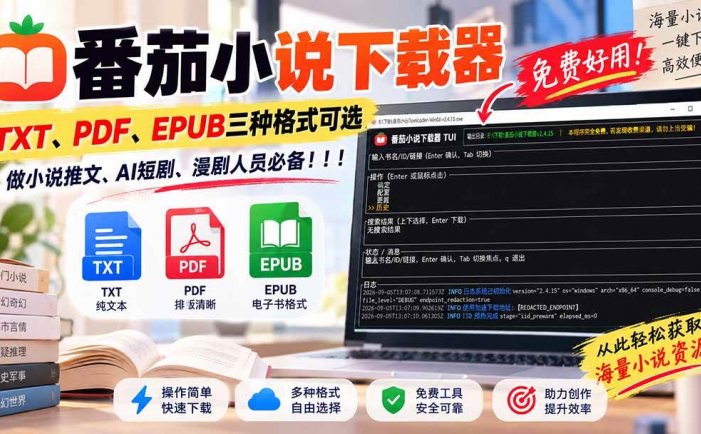 番茄小说下载器，TXT、PDF、EPUB三种格式可选，做小说推文、AI短剧、漫剧人员必备！