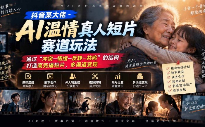 抖音某大佬-AI温情真人短片赛道玩法：通过“冲突—情绪—反转—共鸣”的结构打造高完播短片，多渠道变现