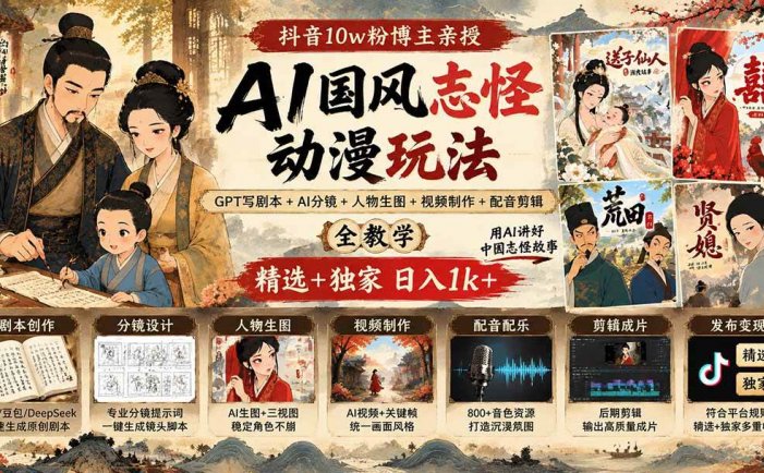 抖音10w粉博主亲授AI国风志怪动漫玩法｜GPT写剧本+AI分镜+人物生图+视频制作+配音剪辑全教学｜精选+独家日入1k+