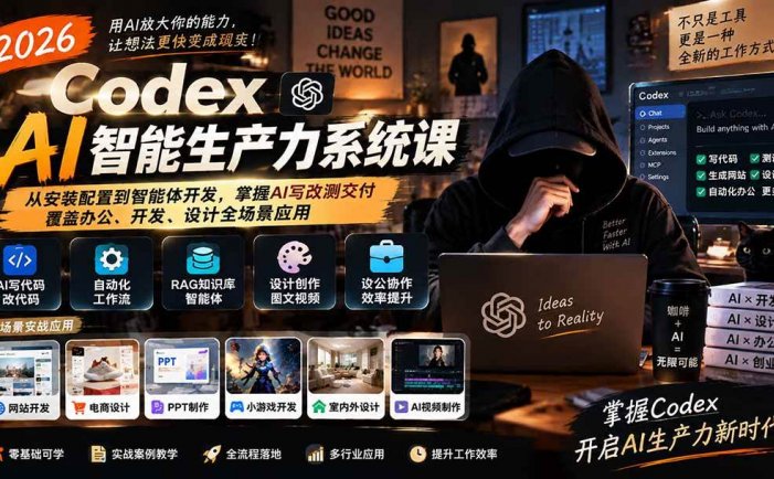 2026 Codex AI智能生产力系统课-更新｜从安装配置到智能体开发，掌握AI写改测交付，覆盖办公、开发、设计全场景应用