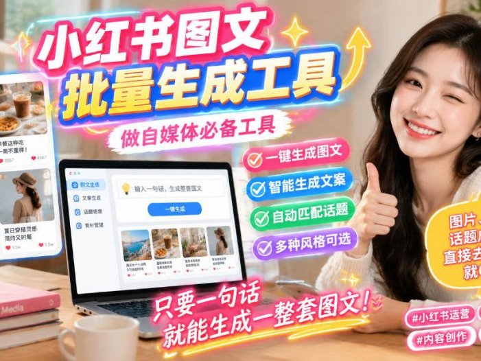 小红书图文批量生成工具，话题、文案、配图一键生成，直接发布，做自媒体必备工具