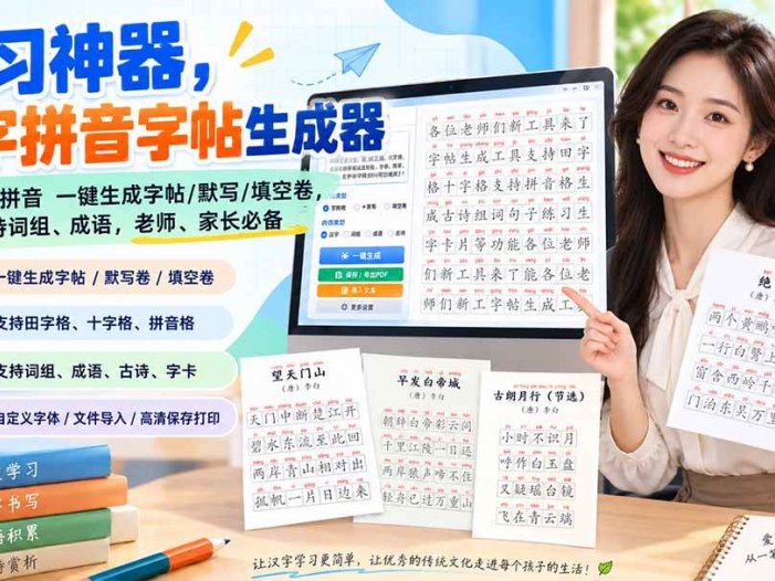 学习神器，汉字拼音字帖生成器，汉字+拼音 一键生成字帖/默写/填空卷，支持词组、成语，老师、家长必备