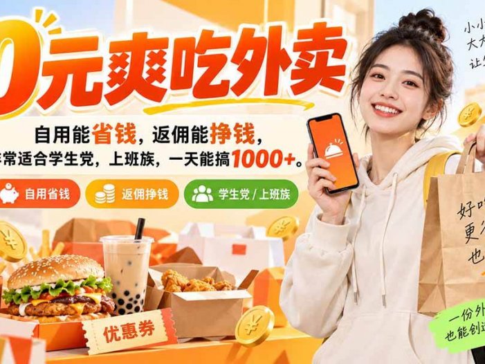 0元爽吃外卖，自用能省钱，返佣能挣钱，非常适合学生党，上班族，一天能搞1000+