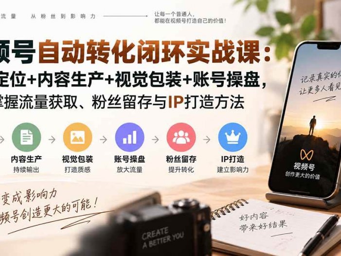 视频号自动转化闭环实战课：人设定位+内容生产+视觉包装+账号操盘，系统掌握流量获取、粉丝留存与IP打造方法