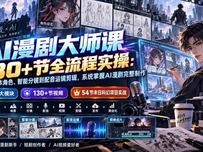 AI漫剧大师课130+节全流程实操：从剧本角色、智能分镜到配音运镜剪辑，系统掌握AI漫剧完整制作