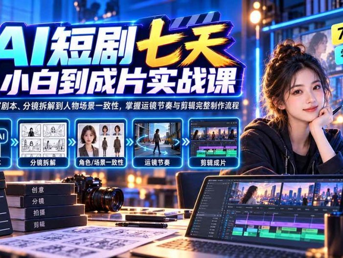 AI短剧七天从小白到成片实战课：从豆包写剧本、分镜拆解到人物场景一致性，掌握运镜节奏与剪辑完整制作流程